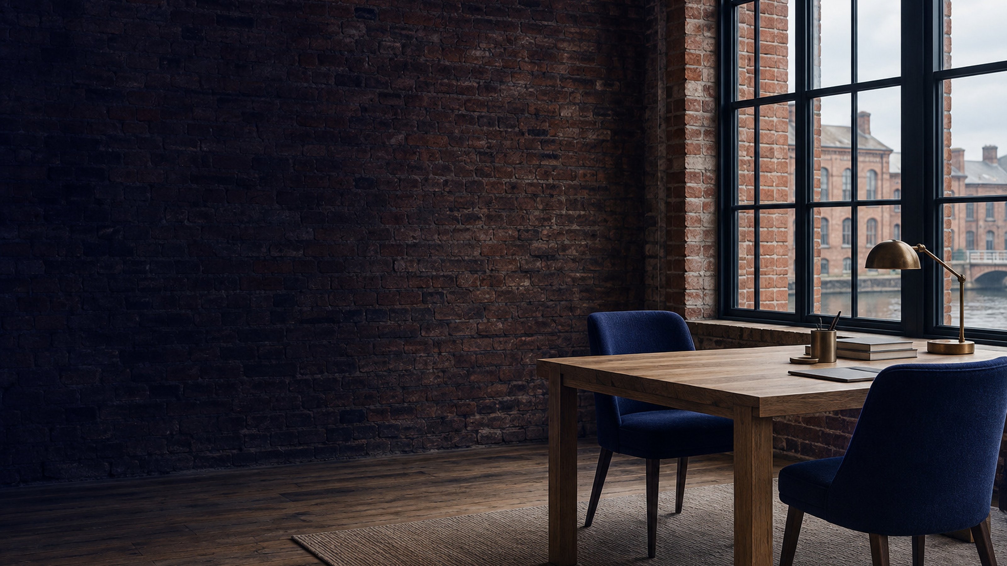 Editorial brick office interior with a meeting table