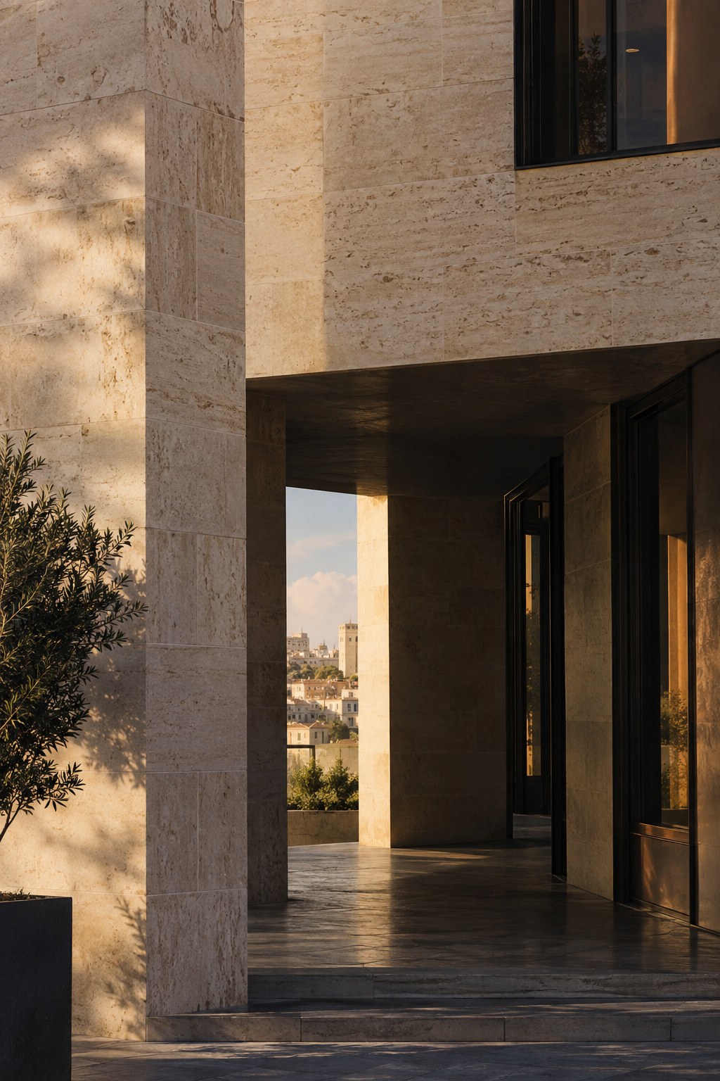 Sunlit stone colonnade with an olive tree