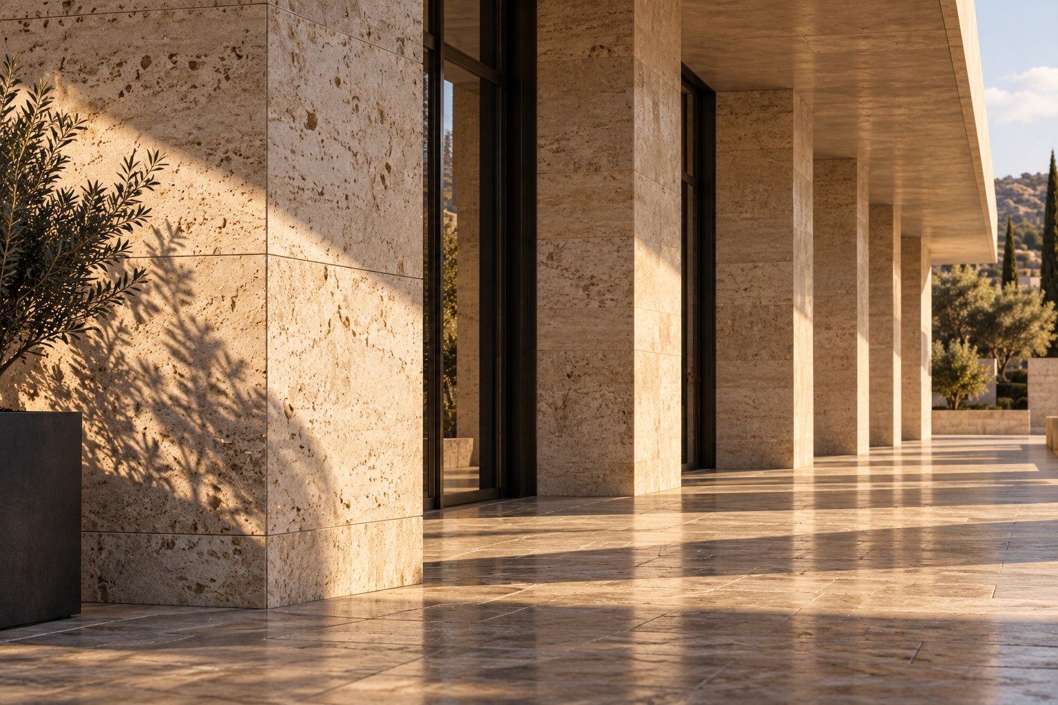 Sunlit stone colonnade with an olive tree
