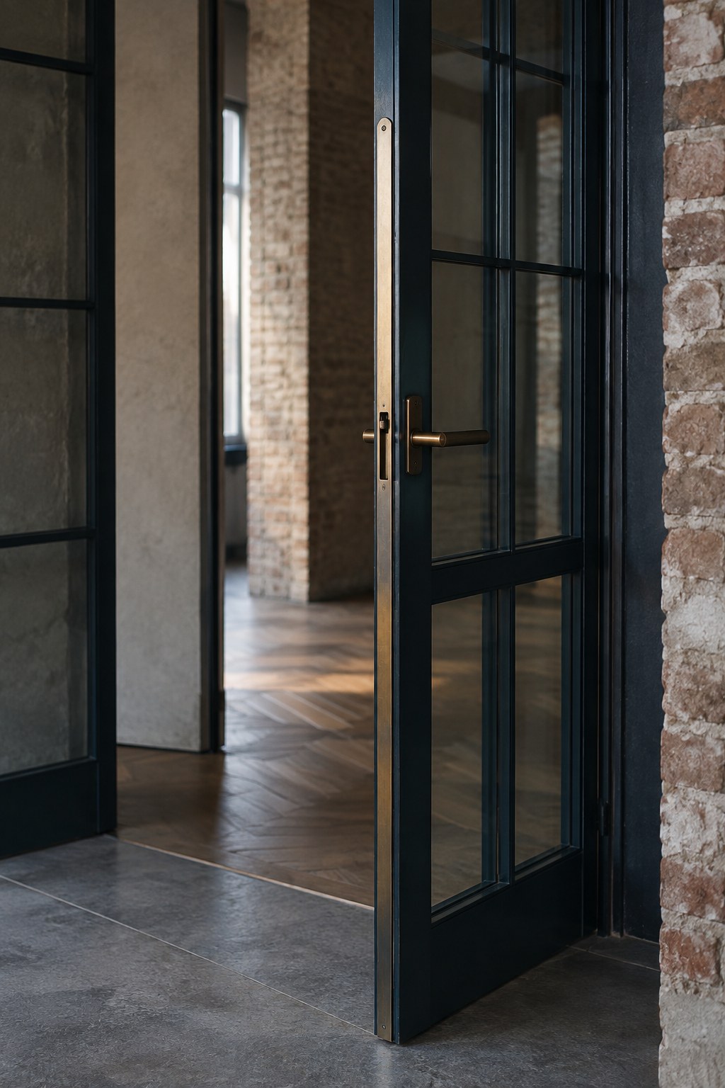Partly open dark-framed glass door in a brick interior