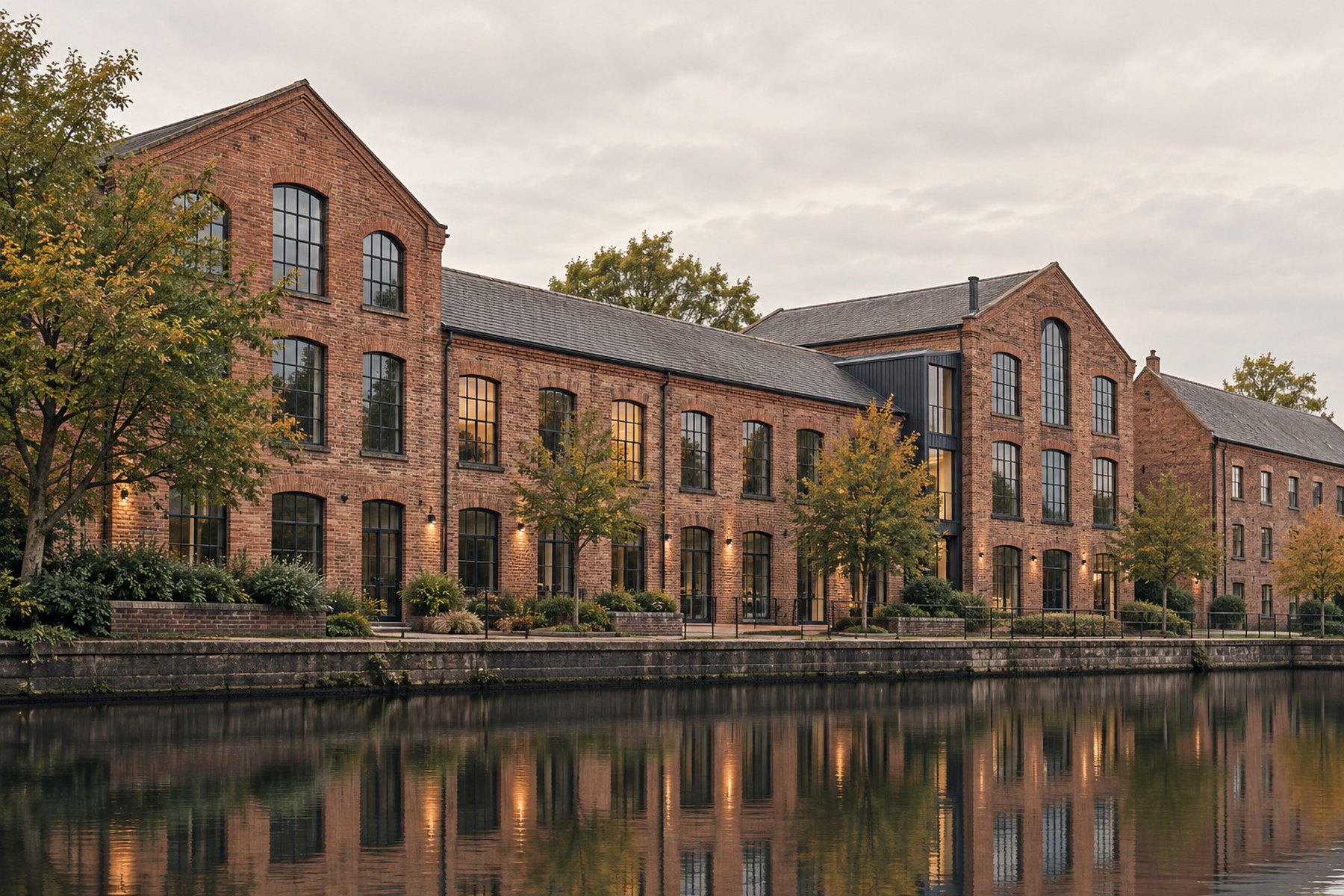 Illustrative red-brick buildings beside a canal