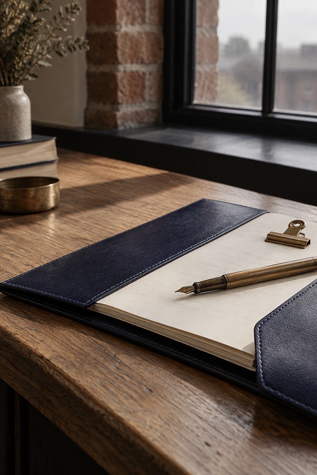 Indigo document folio, ivory papers and brass pen on an oak desk