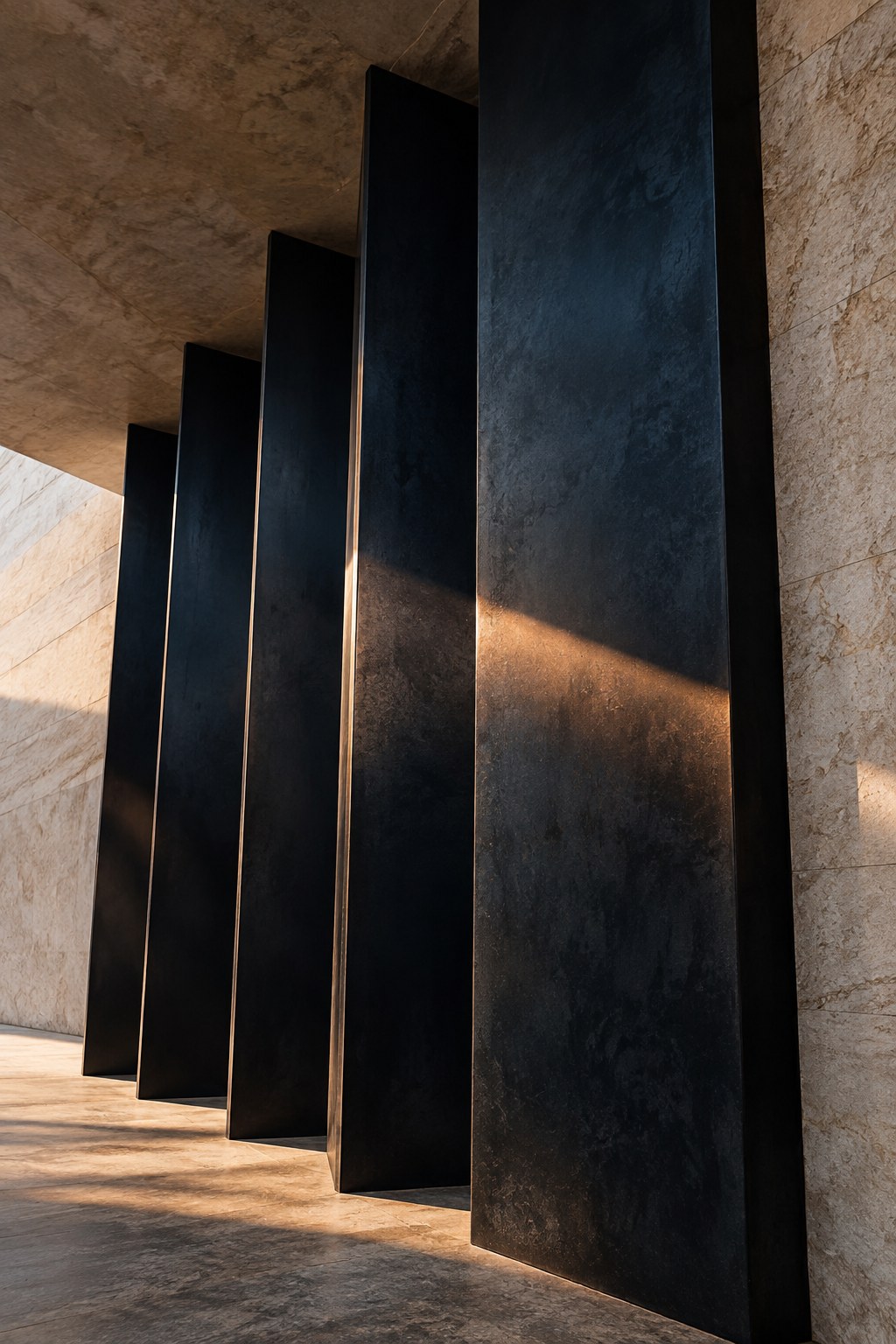 Dark architectural fins intersecting with warm stone